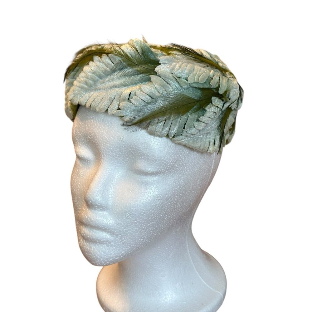 Vintage Union Made USA Feather Pillbox Hat Green 1950s‎ 60s Turban Style Church